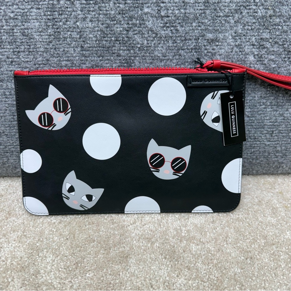 Lulu Guinness‎ Cat Clutch Purse Wristlet strap zipper bag